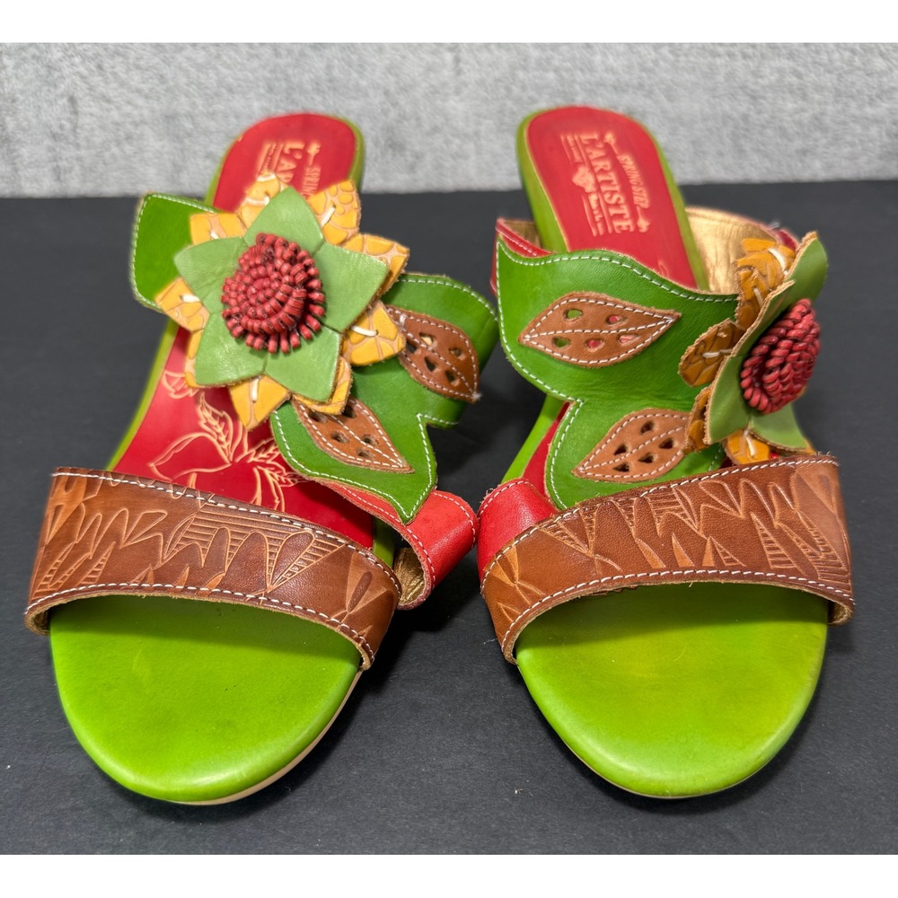 L'Artiste Toucy Heeled Sandals Womens 41 Green Red Leather Floral Boho Slides - Picture 3 of 12